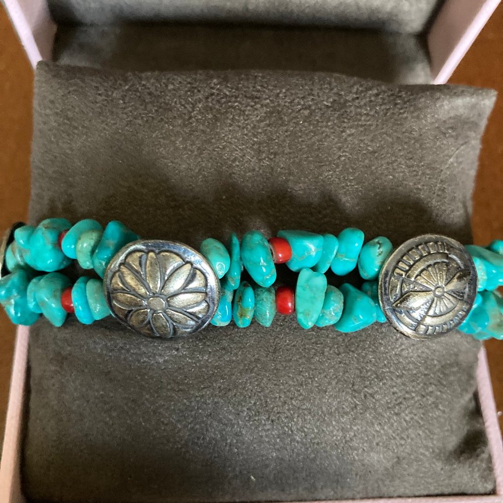 Paige Wallace Designs Turquoise, Red Coral and Sterling Silver Concho Bracelet